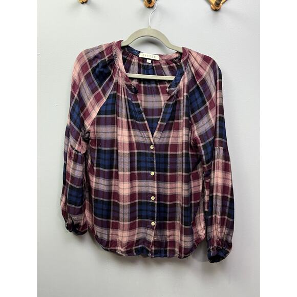 Harper Flannel Shirt Womens small‎ plaid button front Blue Burgundy Preppy - Picture 1 of 8